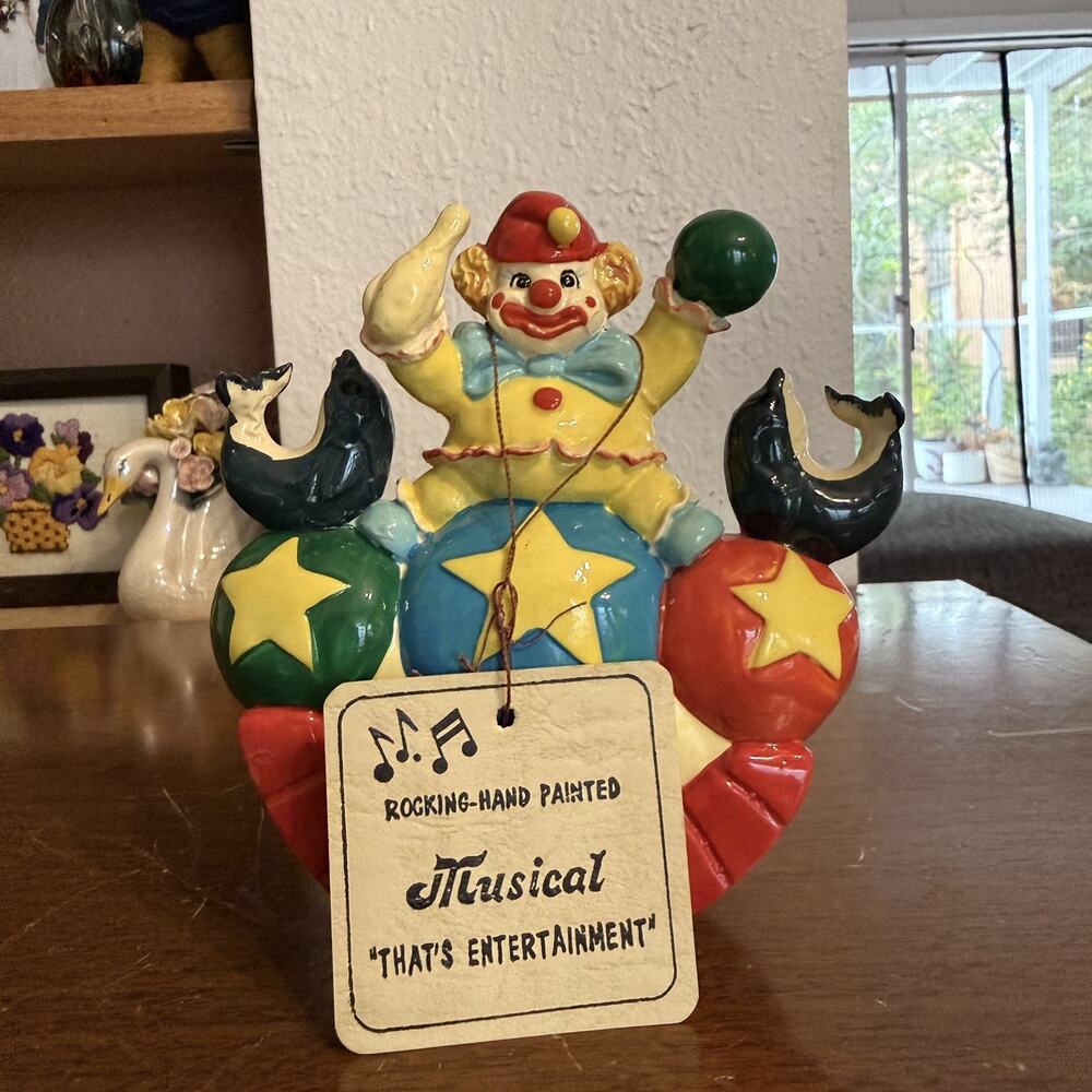 1980s Circus Porcelain Clown w/ Dolphins Bowling Balls Music Box -works